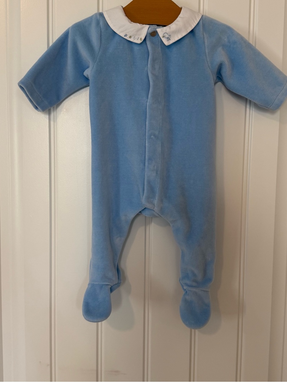 Jacadi Baby Boy Blue Velvet Footie Pajamas | 3M | Poplin Collar | Embroidered